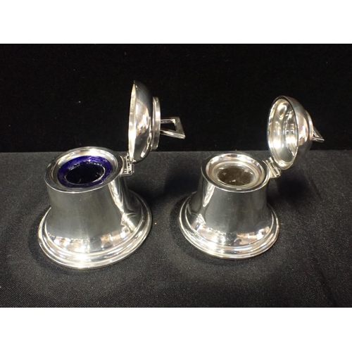 375 - TWO SILVER NOVELTY BELL INKWELLS 8cm and 9cm high (both with rubbed marks)