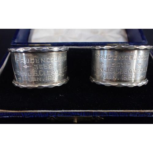 386 - THREE SILVER MASONIC NAPKIN RINGS a set of plated Masonic napkin rings, and others in porcelain etc