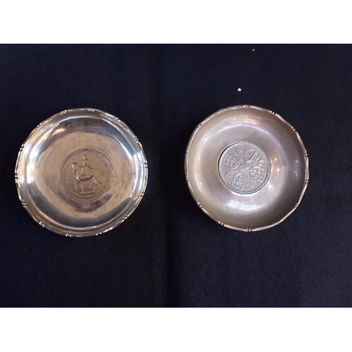 392 - A PAIR OF HONG KONG STERLING SILVER PIN TRAYS each set with a 1953 Coronation Crown (one loose, dent... 