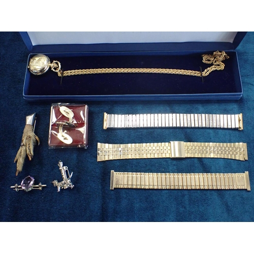 444 - AN ELIZABETH DUKE FOB WATCH a novelty dog and lamp post brooch and other items