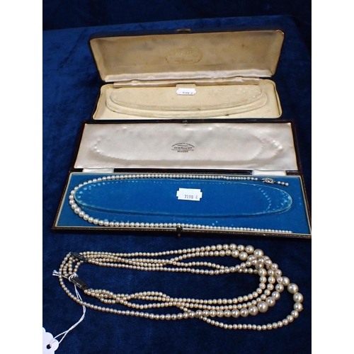 447 - A THREE STRAND PEARL NECKLACES A graduated cultured pearl necklace with a 9ct white gold clasp, two ... 