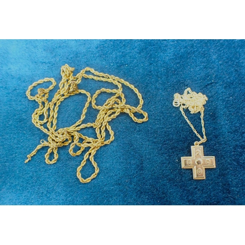 463 - A 9CT GOLD CROSS PENDANT AND CHAIN and a yellow metal chain (broken) (c.11.78grams total weight) (2)