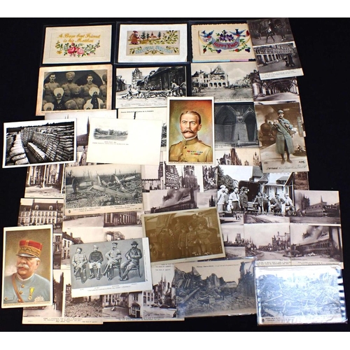 537 - A COLLECTION OF WW1 POSTCARDS including embroidered, photographic, ruined villages etc.