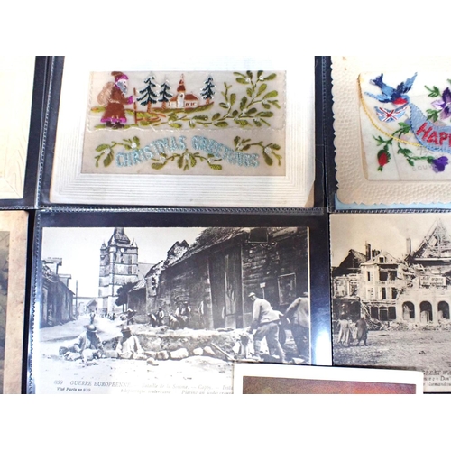 537 - A COLLECTION OF WW1 POSTCARDS including embroidered, photographic, ruined villages etc.