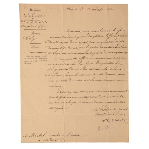 549 - NICOLAS JEAN DE DIEU SOULT (1769-1851), FRENCH MINISTER OF WAR: A HANDWRITTEN LETTER TO M. MIZBEL, M... 