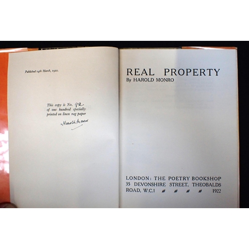 594 - HAROLD MONRO, REAL PROPERTY The Poetry Bookshop 1922, signed, no.92 of 100, with John Drinkwater, Ti... 