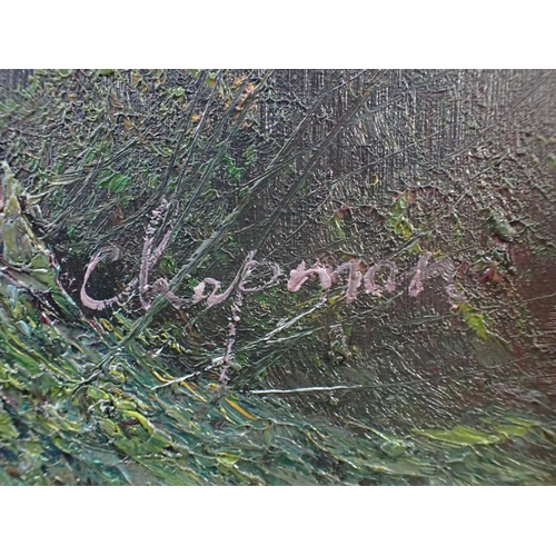 673 - CHAPMAN (20TH CENTURY), A WOODLAND SCENE impasto oil on board 61 x 91cm in gilt swept frame, togethe... 