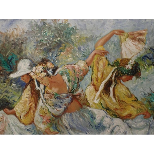 674 - T.A.SHEVCHENKO: THREE DANCING WOMEN oil on canvas, in a white painted frame 74 x 64cm