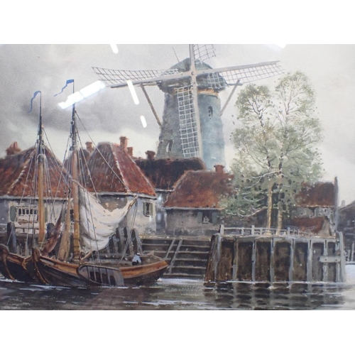 679 - L. VAN STAATEN (DUTCH 19TH/20TH CENTURY) HARBOUR SCENE, WITH WINDMILL watercolour 55 x 73cm (framed)