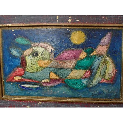 684 - MICHAEL ROY: 'RECLINING CAT' oil on panel, in original painted frame, signed and dated 1962, with in... 