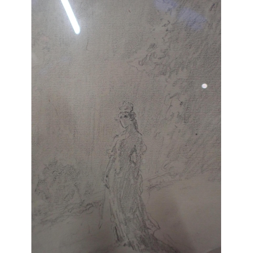 692 - NORMAN LINDSAY (AUSTRALIAN,1879-1969): FEMALE FIGURE IN A LANDSCAPE initialled N.L, graphite 33 x 25... 