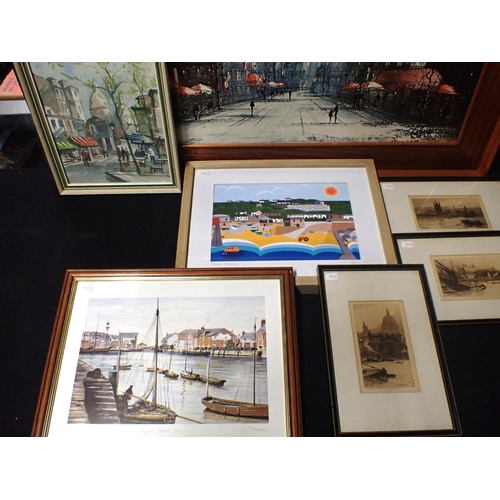 693 - A PRINT OF WEYMOUTH HARBOUR 1910 BY D.KNAPMAN with a collection of other prints and pictures (8)