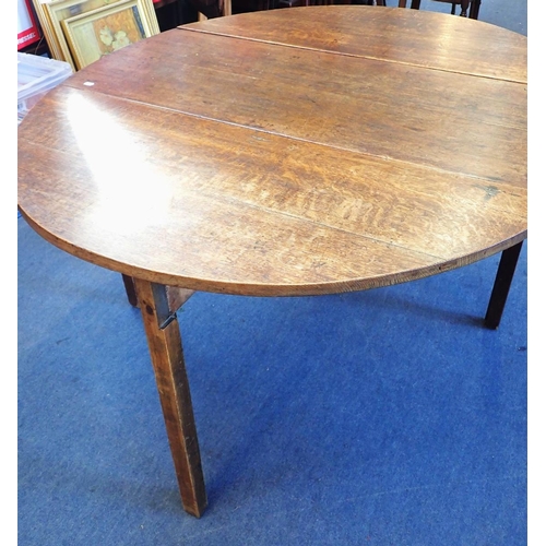 763 - A GEORGE III OAK OVAL DROP-LEAF TABLE on square legs, the top 121 x 140cm (open) (some repairs, dama... 