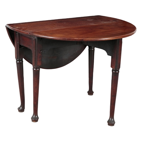 768 - A GEORGE II MAHOGANY DROP LEAF TABLE the oval top above a plain frieze, on tapered legs, with chamfe... 