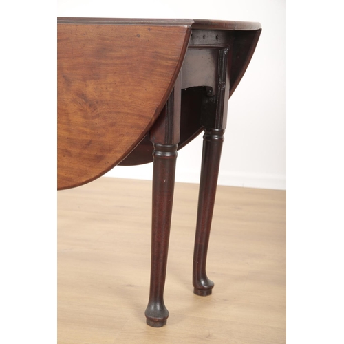 768 - A GEORGE II MAHOGANY DROP LEAF TABLE the oval top above a plain frieze, on tapered legs, with chamfe... 