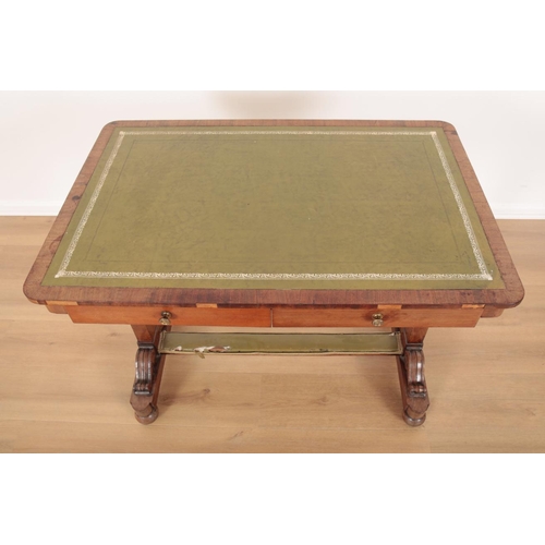 784 - A WILLIAM IV ROSEWOOD WRITING TABLE top inset with gilt tooled green leather, on rectangular end sup... 