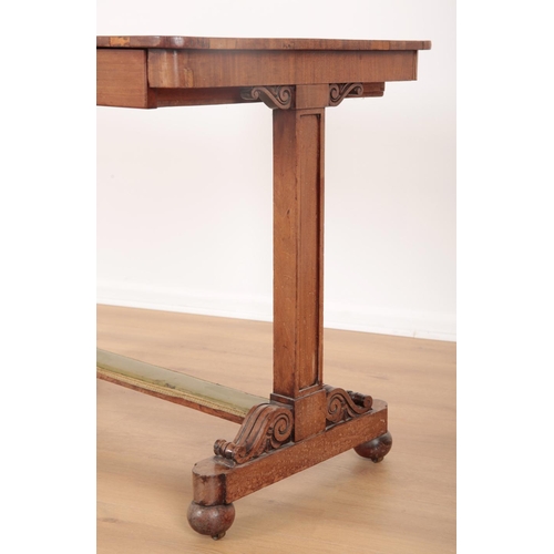 784 - A WILLIAM IV ROSEWOOD WRITING TABLE top inset with gilt tooled green leather, on rectangular end sup... 