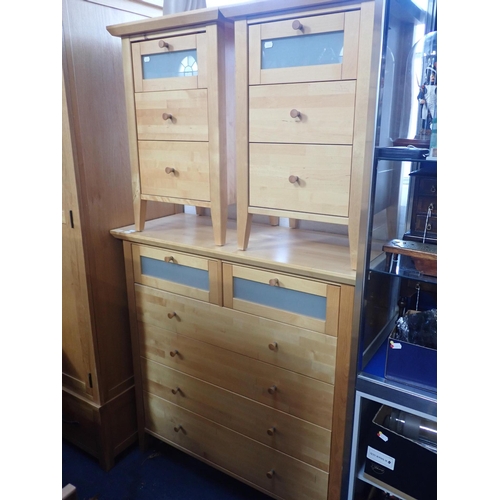 820 - A MODERN BIRCH CHEST OF DRAWERS the two top drawers with glass panels 100cm wide, a matching pair of... 