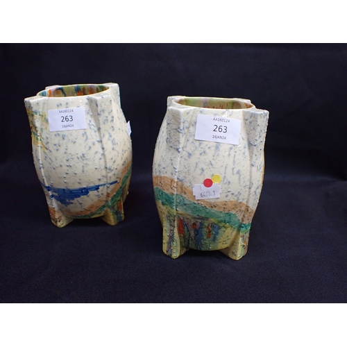 263 - CLARICE CLIFF FOR NEWPORT POTTERY: A PAIR OF '460' SHAPE VASES decorated in the 'Patina Coastal' pat... 