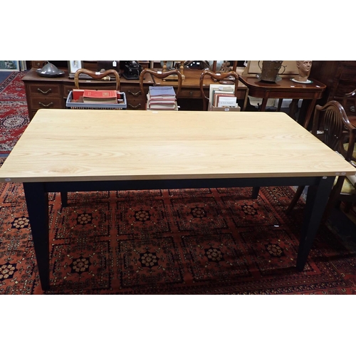 790 - A MODERN ASH-TOPPED DINING TABLE on blue painted square tapering legs 180 x 91cm, 77cm high