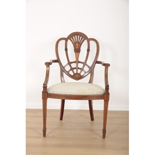 12 - A PAIR OF EDWARDIAN MAHOGANY ARMCHAIRS IN HEPPLEWHITE STYLE

with satinwood inlays of classical deco... 