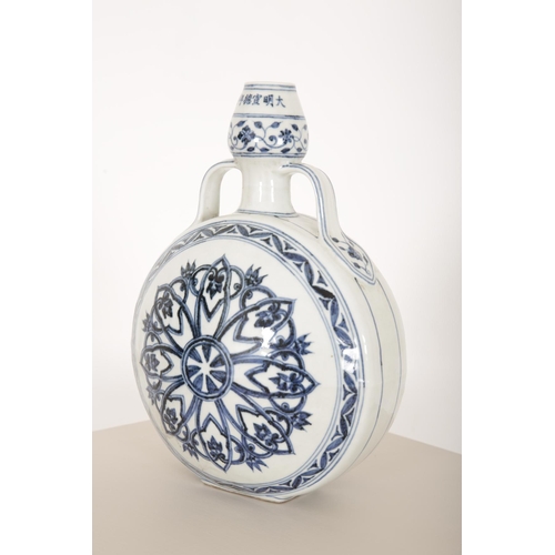 18 - A CHINESE BLUE AND WHITE FLASK

of double-gourd shape with applied strap handles, decorated with lar... 