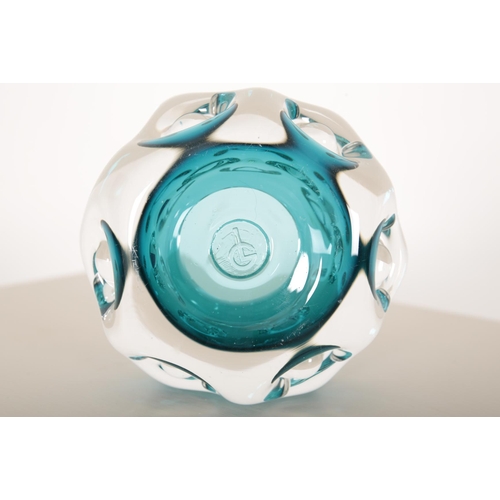 27 - A LISKEARD BLUE AND CLEAR GLASS KNOBBLY VASE

11cm high, a smaller green ditto, 10cm high, together ... 