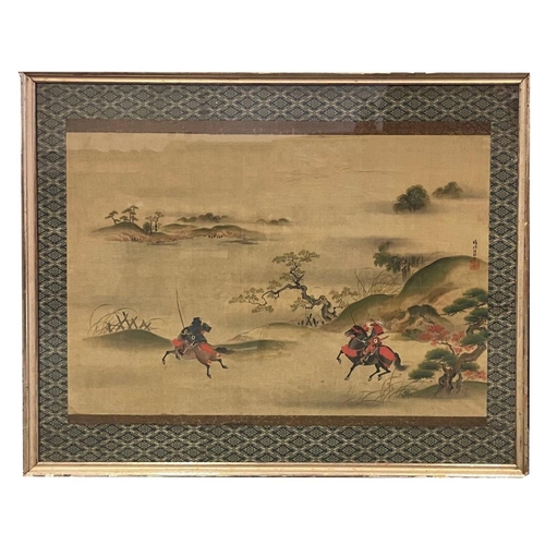 141 - CHINESE SCHOOL, Mounted warriors in an extensive landscape with trees beside a lake

Qing, signed, w... 