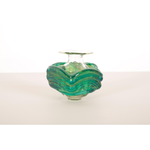 150 - A MDINA AMBER GLASS VASE

11cm high, a green glass ditto with label, 9cm high, an Alum Bay glass vas... 