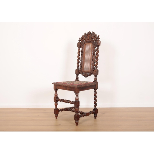 163 - A PAIR OF CARVED OAK SIDE CHAIRS IN CAROLEAN STYLE

with carved cresting rails surmounted by griffon... 