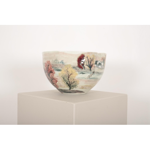 166 - A CONTEMPORARY CHINESE BOWL

probably the Zinui workshop, decorated with figures and houses in a riv... 