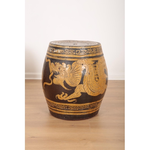 177 - A PAIR OF CHINESE EARTHENWARE BARREL STOOLS

20th century, each decorated with dragons chasing pearl... 