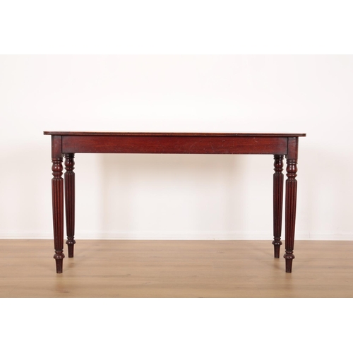 187 - A MAHOGANY SIDE TABLE

19th century, with rounded corners and straight reeded legs, 81cm high x 147c... 