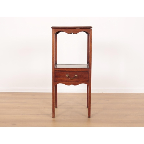 202 - A LATE GEORGE III MAHOGANY WASHSTAND

the square top above a shaped apron, a single drawer to the lo... 