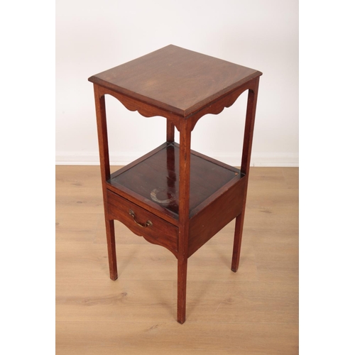 202 - A LATE GEORGE III MAHOGANY WASHSTAND

the square top above a shaped apron, a single drawer to the lo... 