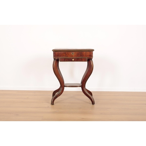 206 - A MAHOGANY AND BRASS STRUNG WORK TABLE

probably Louis Philippe I, the hinged lid opening to a fitte... 