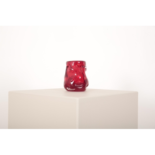 208 - A WHITEFRIARS RUBY RED GLASS KNOBBLY VASE

19cm high x 11cm diameter and a smaller ditto, 13cm high ... 