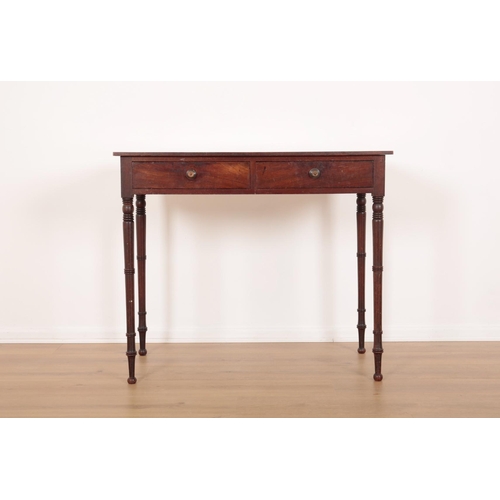 213 - AN EARLY VICTORIAN MAHOGANY SIDE TABLE

fitted two drawers, on slender ring turned legs, 78.5cm high... 