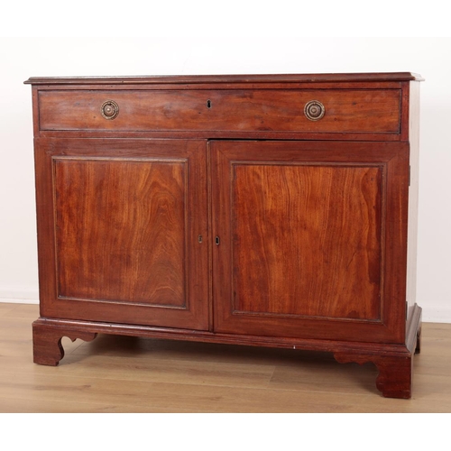 223 - A GEORGE III MAHOGANY LOW PRESS

with a single frieze drawer over panelled cupboard doors, opening t... 