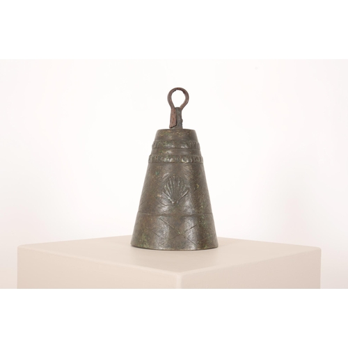 229 - A BRONZE 'TEMPLE' BELL

of conical shape, with shell relief motif and twin graduated clappers, 30cm ... 