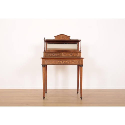 239 - AN EDWARDIAN ROSEWOOD AND MARQUETRY BONHEUR DU JOUR

the two-tier upper section with rectangular mir... 