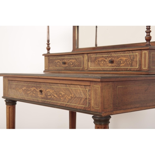 239 - AN EDWARDIAN ROSEWOOD AND MARQUETRY BONHEUR DU JOUR

the two-tier upper section with rectangular mir... 