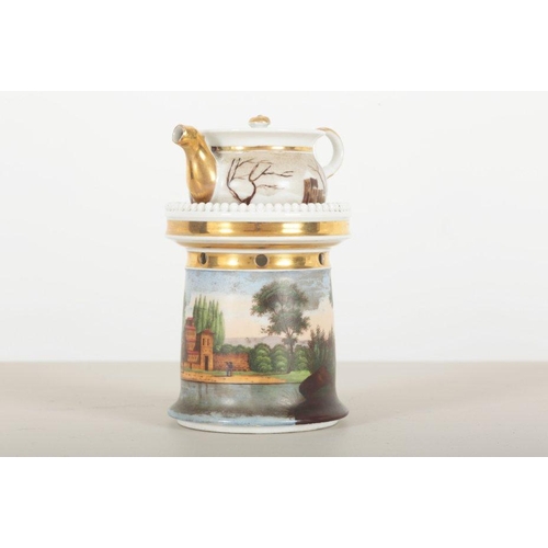 278 - A PARIS PORCELAIN TEAPOT ON WARMING STAND

19th century, the stand decorated  with a continental lan... 