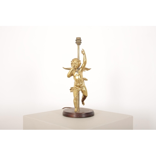 35 - A PAIR OF GILT METAL FIGURAL TABLE LAMPS

each figured as cherub with arms raised aloft, on turned w... 