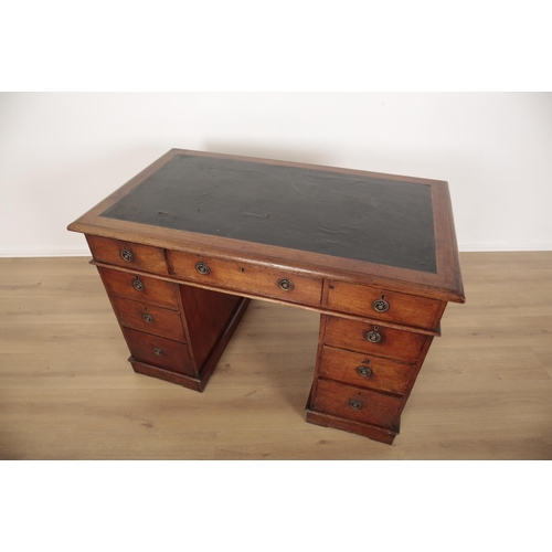 41 - A VICTORIAN MAHOGANY PEDESTAL DESK

the top with moulded edge and inset with black leatherette, fitt... 