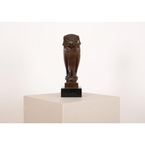 42 - AN ART DECO STYLE STYLISED BRONZE OWL ON BLACK MARBLE PLINTH

21st century, perched on two bronze st... 