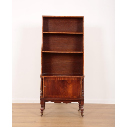 47 - AN EDWARDIAN MAHOGANY AND SATINWOOD CROSSBANDED WATERFALL BOOKCASE

with a single cupboard to the ba... 