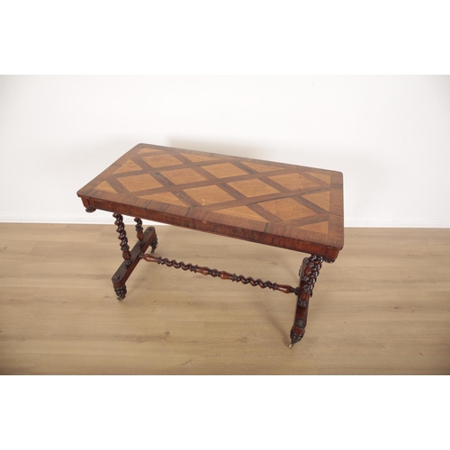 58 - A VICTORIAN SIDE TABLE

with parquetry top and barley twist legs and stretcher, terminating on brass... 