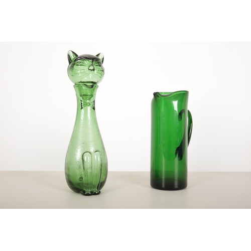 60 - A GREEN MOULDED GLASS 'CAT EWER'

33.5cm high, a clear glass vase with crimped rim, 27.5cm high and ... 