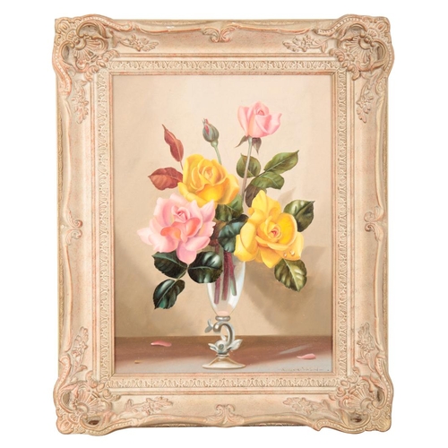 61 - *ALEXANDER WILSON (20th Century) A still life study of pink and yellow roses in a glass vase

signed... 